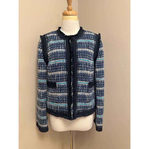 Tory Burch Roscoe Tweed Jacket Navy/Cream Trimmed Sz 12 - Picture 1 of 8